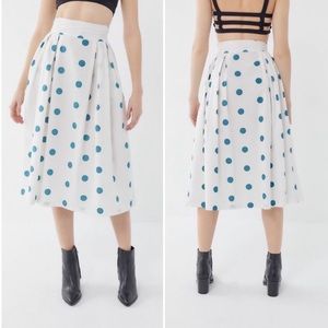 Urban Outfitters Skirt Fallon Polka Dot Pleated Midi White Blue Cotton Full